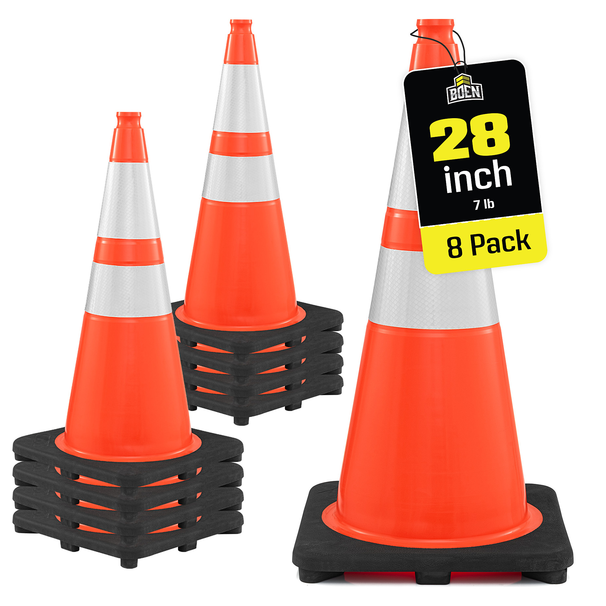 Boen 28 in. Orange Traffic Cones, 8-Pack, MUTCD Compliant Traffic Cones with 2 Reflective Collars & 7 lb. Base for Road Work, Parking & Traffic Control